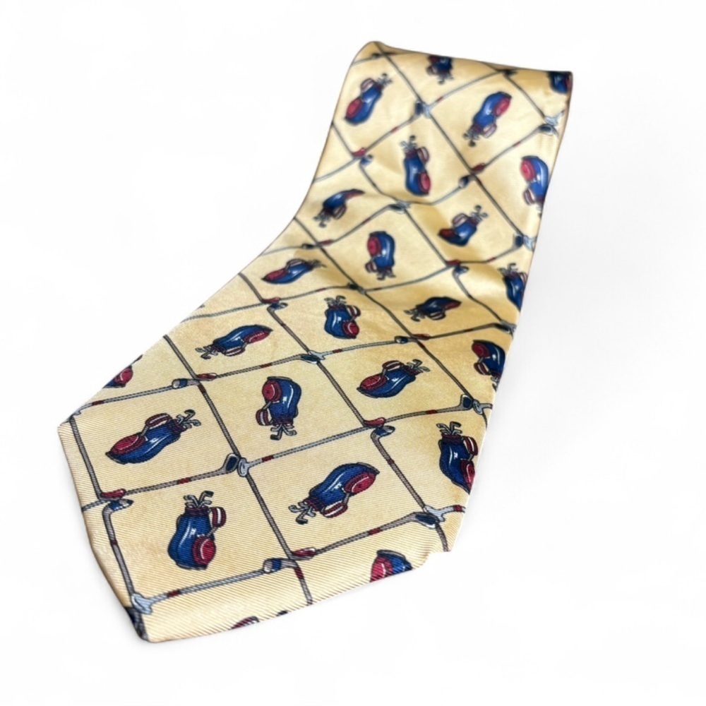 Bert Pulitzer Golf Silk Tie Yellow Golf Bag Print Classic Vintage Style - Picture 3 of 6